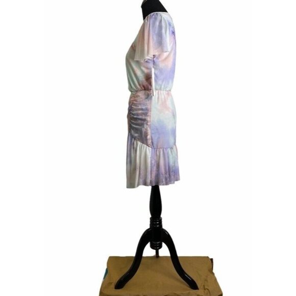 Aqua Womens Overlay‎ Faux Wrap Dress Pink Tie Dye Stretch V Neck Ruched M New - Picture 3 of 10